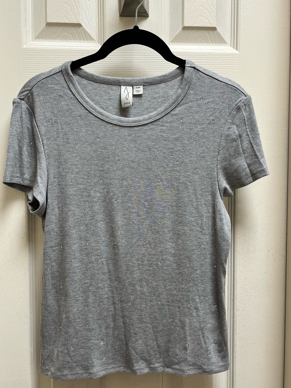 Joie Heather Gray Short-Sleeve Crewneck Tee Adorned With Tiny Clear Rhinestones